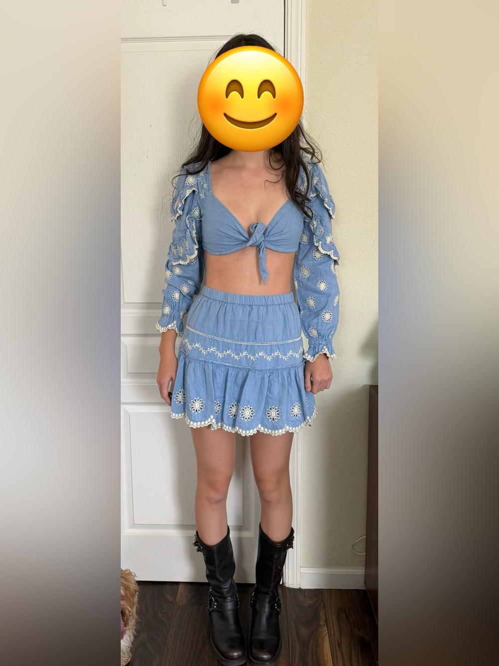 LoveShackFancy Sky Blue Eyelet Embroidered Mini Skirt and Matching Crop Top